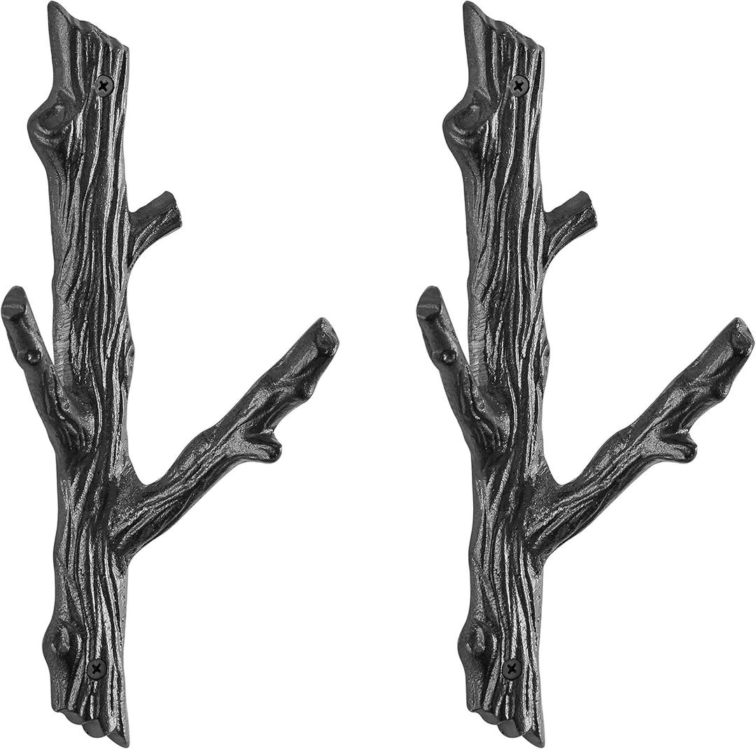 Danya B. Double Cast Iron Tree Branch Coat Hook 2-Piece Set | Wall Mounted | For towels, bags, purses, coats, jackets, scarves, hats, caps | Use in Entryway, Bedroom, Hallway, Bathroom, Kitchen- Brown