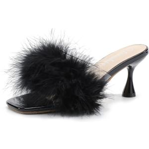 fereshte Women's Feather Mule Sandals, Kitten Heel, Square Open Toe, Slip On, Fluffy Fur Clear Strap Black 36 - insole length: 23cm/ 9.06 inch - US 5.5