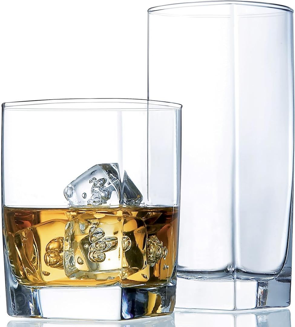 Le'raze Collins Everyday Drinking Glasses Set of 16 Drinkware Kitchen Glasses for Cocktail, Iced Coffee, Beer, Ice Tea, Wine, Whiskey, Water, 8 Tall Highball Glass Cups & 8 Short Old Fashioned