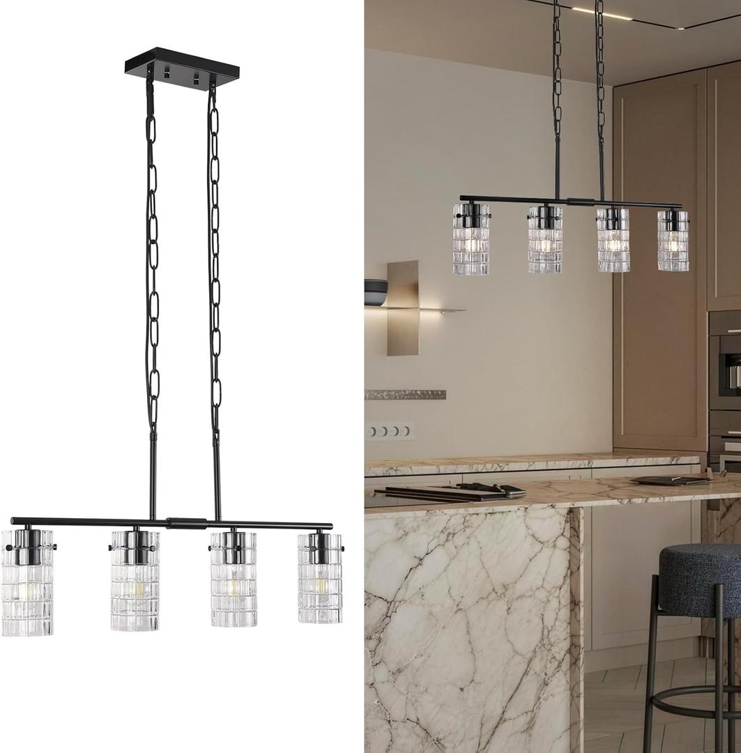 4 Lights Black Chandelier Glass Long Pendant Light Fixtures