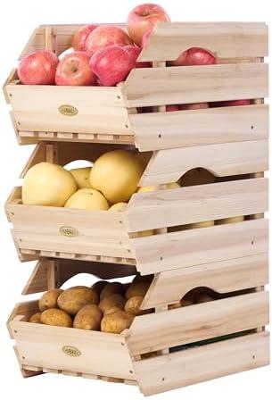 Wood Potato Onion Storage Bins - Wooden Stackable Produce Basket - Fruit Vegetable Storage for Kitchen Pantry Organization, Set 3 Pieces