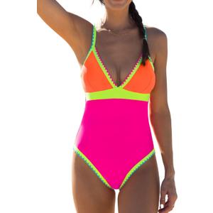 popvil One Piece Swimsuit 2025 Tummy Control Women Bathing Suit Shapewear Swimsuits Slimming Neon Cute Tie Back Swimwear (M)