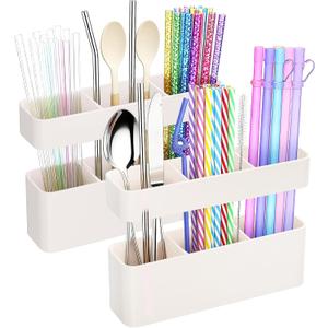 2 x MoodLife 2-Pack Silicone Straw Holder for Cabinet Door,Reusable Adhesive Container for Kitchen Storage Solutions, Cupboard Organizer and Space Saving Hacks (White)