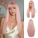 PARK YUN 28 Inch Long Straight Pink Wig with Bangs for Women Pastel Rose Pink Synthetic Wig Natural Looking Soft Hair for Daily Use Fashion Cosplay Party
