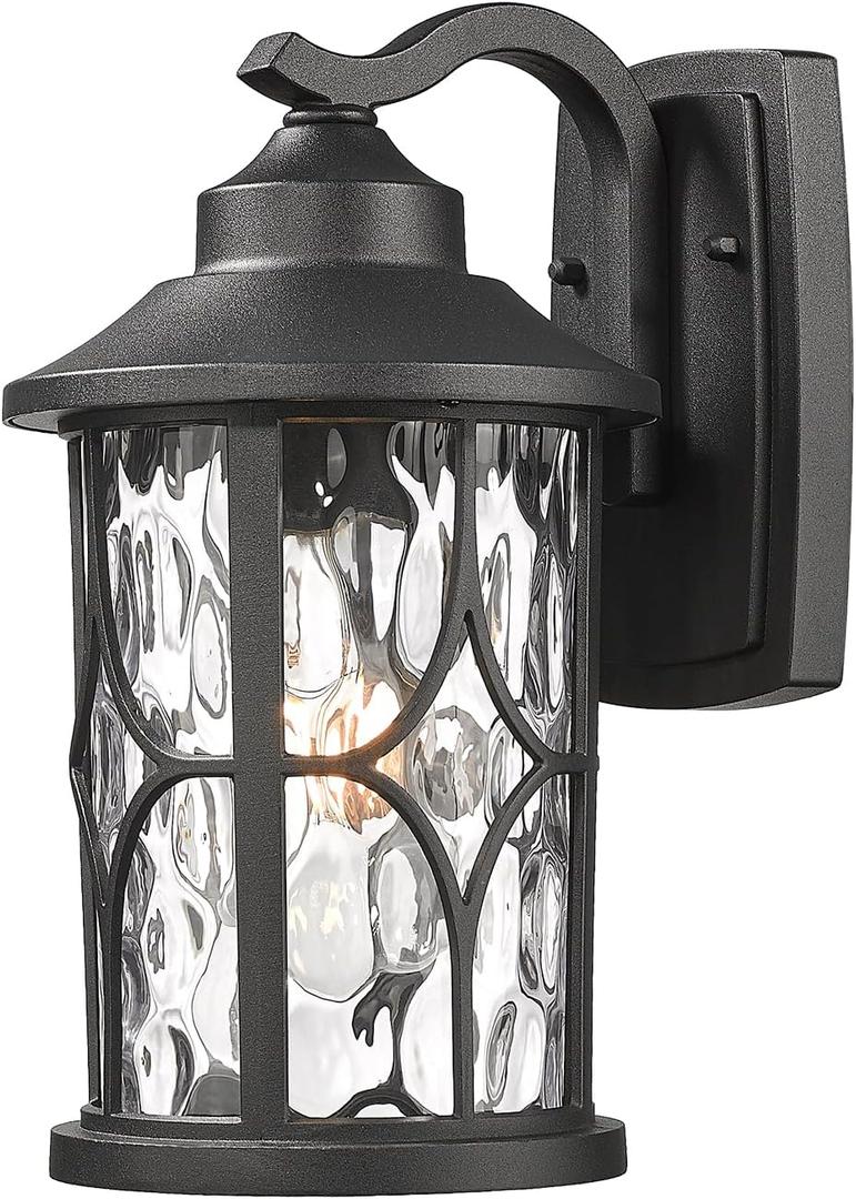 zeyu Modern Outdoor Wall Lights, 12 Inch Exterior Wall Lantern, Cast Aluminum with Water Ripple Glass, Black Finish, ZX48BWG BK