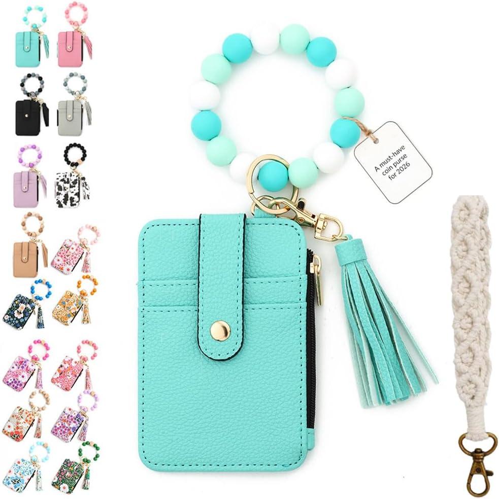 Boho Style Beaded Tassel Keychain Wallet,Women's Boho Beaded Wallet,Wristlet Bracelet Wrist Purse Flower Chain (Mint Green)