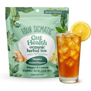 Four Sigmatic Gut Health Organic Herbal Tea | Organic Lemon Ginger Tea with Probiotics & Turkey Tail Mushroom | Instant Digestive Tea | Vegan, Gluten-Free | Lemon Ginger, 24 Servings (EXP 08/31/26)