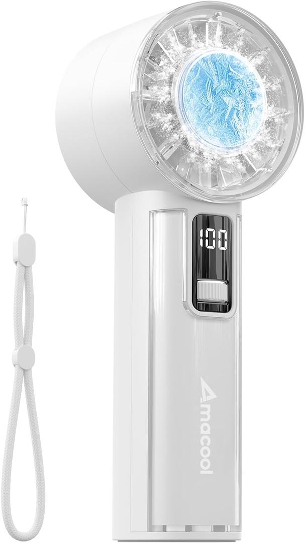 AMACOOL Handheld Fan with Ice Cooler, Mini Portable Fan Rechargeable, 18Hrs Cooling, 0-100 Adjustable Speed, Small Yet Powerful, Personal Hand Fans for Travel, Beach, Outdoor, Makeup, Gifts for Women (White)