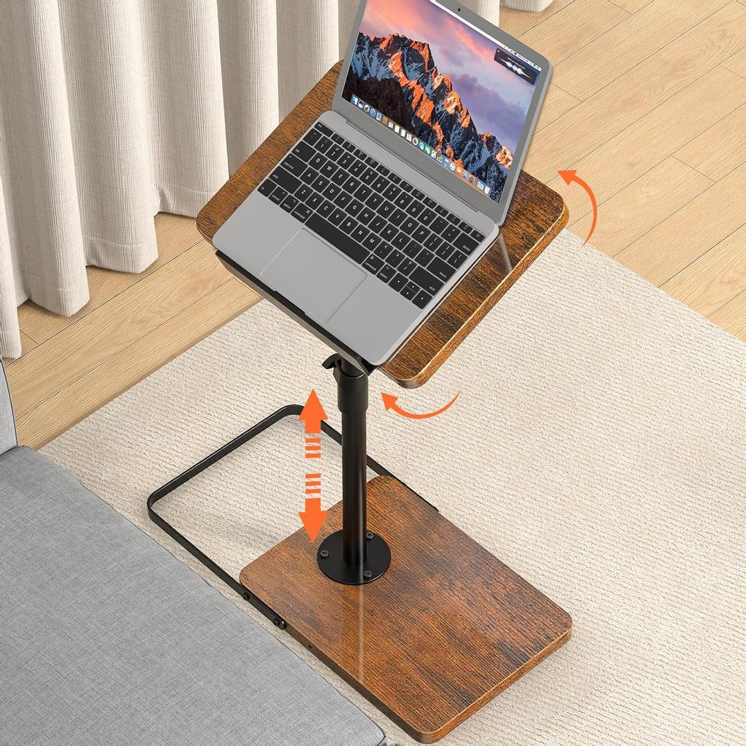 TV Tray Table for Couch, Height Adjustable/360 Swivel/180 Flip-Over Panel Design C-Shaped End Table, Sofa Arm End Side Table with Phone & Tablet Slot for Eating, Laptop,Couch Bed (Vintage Brown)