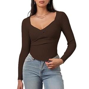 CHYRII Womens Sexy Fall Fashion Twisted Tops Ribbed Knit Winter Pullover Sweater Going Out Crop Tops Coffee M