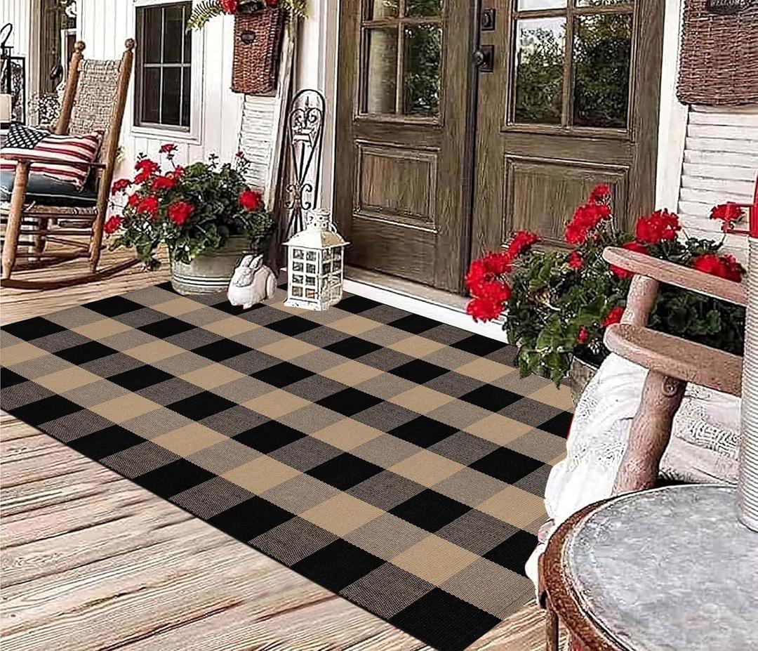 Washable Outdoor Rug 3'x5',Black and Tan Checkered Rug Cotton Woven Washable Farmhouse Front Door Mat Outdoor for Entryway, Patio, Bedroom, Hello Welcome Mat (4'11" x 2'11" (Rectangular))