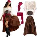 UFLJPKS Renaissance Pirate Costume Women，Womens Pirate Costume with Peasant Blouse Off Shoulder Trumpet Sleeve Tops and Victorian Steampunk Skirts (Brown, Waist Belt, Bandana, M)
