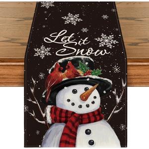 Artoid Mode Black Snowman Snowflakes Winter Table Runner, Seasonal Christmas Holiday Kitchen Dining Table Decoration for Home Party Decor 13x60 Inch