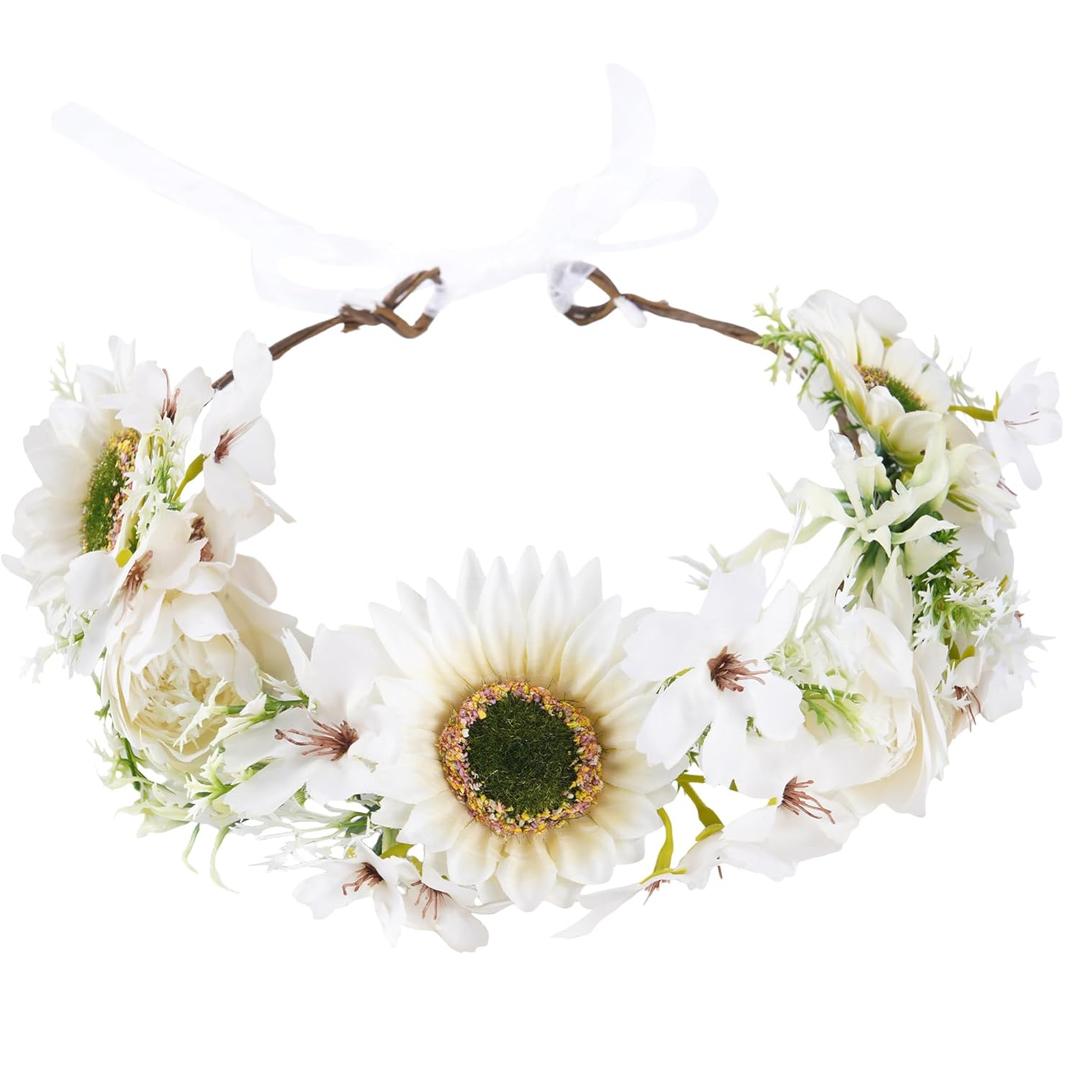 White Sunflower Flower Crown Headband, Adjustable Bridal Boho Floral Headpiece, Fairy Woodland Flower Headbands for Women Girls Maternity Birthday Wedding Renaissance Party Hair Accessory
