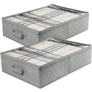 LotFancy Foldable Under Bed Storage Bags, Closet Organizers and Storage Bins, Clothes Blankets Organizer, with Clear Window and Reinforced Handles, 24” x 16” x 6", Pack of 2, Gray