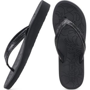 ONCAI Women's Flip Flops with Rhinestone, Arch Support Yoga Mat Comfort Walking Summer Beach Thong Sandals with Plantar Fasciitis Rubber Soles US Size 5-11 (9, Black)