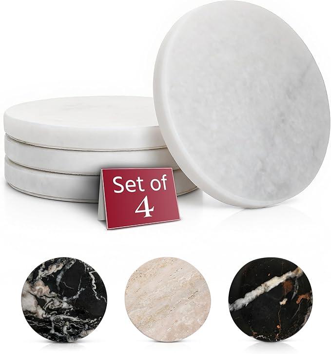 Gusto Nostro White Marble Coasters Set of 4 - Luxury Natural Stone Coasters for Drinks - Genuine Marble Kitchen Accessories, Round Artisanal Stone Coaster for Kitchen Counter, Coffee Table, Home Decor