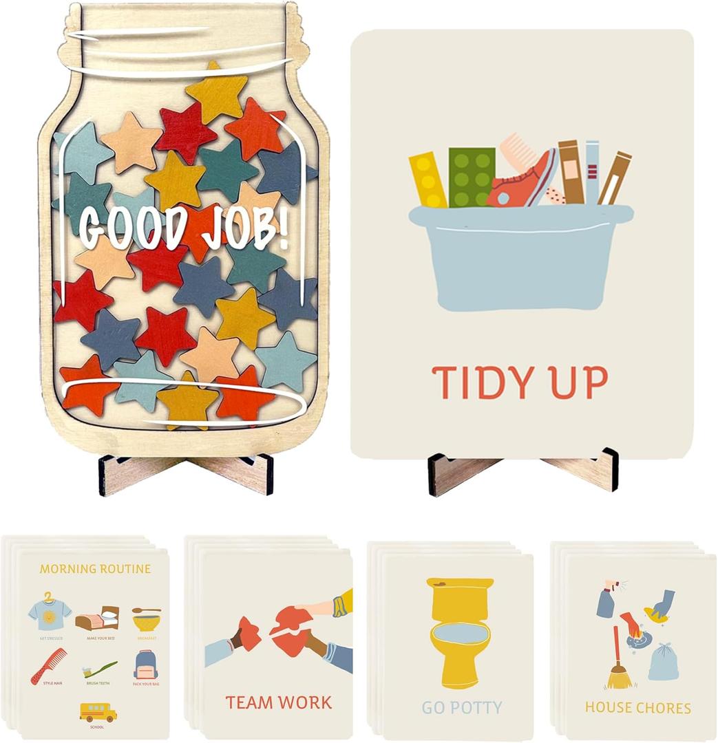 Magnetic Reward Jar System with Illustrated Flash Cards Visual Chore Chart and Behavior Tracker for Daily Routines at Home or Classroom