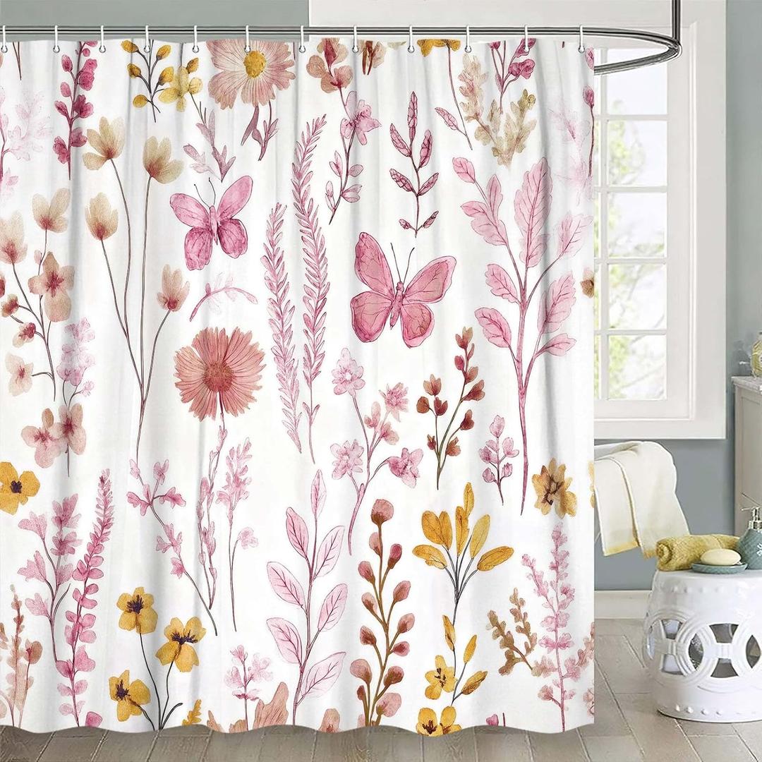 Watercolor Floral Shower Curtain, Pink Flowers Butterfly Plant Leaves Shower Curtains, Cute Botanical Boho Cottagecore Waterproof Polyester Fabric Bathroom Curtain Set with 12 Hooks, 72x72 Inch