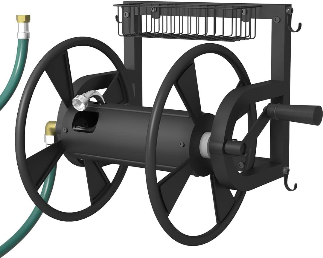 Artigarden Outdoor Wall Mounted Hose Reel with Hook, Garden Heavy-Duty Water Holder Winder with 3.9 ft Leader Hoses, Brass Fitting and Storage Basket for Yard, Holds 125 Ft of 5/8-Inch Hose, Black