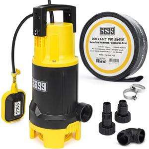 6500GPH Powerful Sump Pump with 1-1/2”Backwash Hose PVC Lay Flat Discharge Hose 1.5HP Sewage Effluent Pump with Float Switch 16FT Power Cord for Flooded House, Sump Pit, Pond Water Removal
