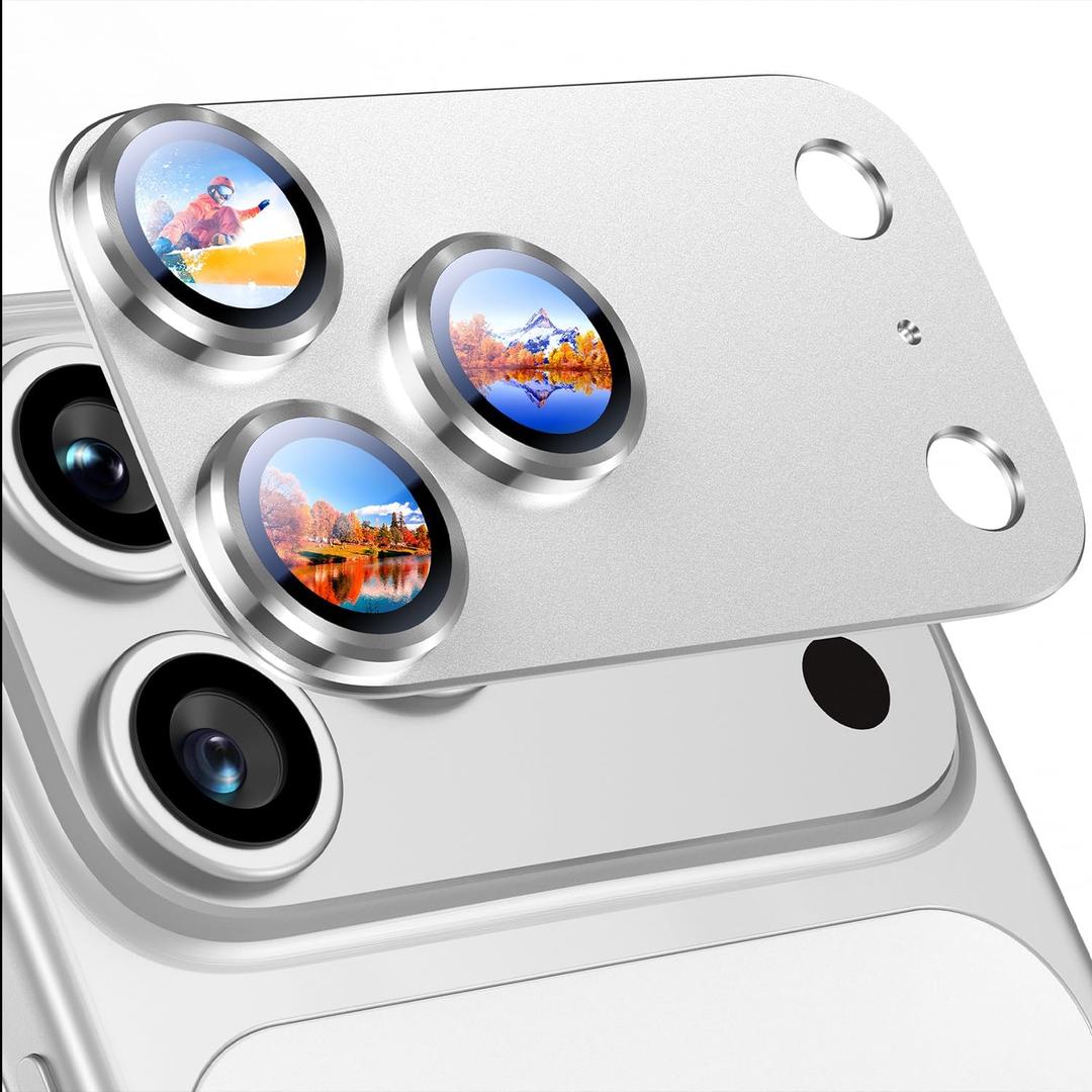 Uyiton Compatible with iPhone 17 Pro Camera Lens Protector - [Not Easy to Break][Strong Adsorption][Case-Friendly] Metal Tempered Glass Rear Camera Screen Cover - Silver
