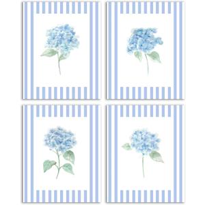6 x MKIJUHB Blue Hydrangea Floral Botanical Wall Art Decor, Flower Room Decor, Rustic Blue Striped Hydrangea Flower Prints Wall Art Poster for Girls Room Bedroom Home, 8x10 Unframed Set of 4
