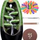 SPACEKEEPER Ceramic Backflow Incense Holder Incense Burner Waterfall with 120 Backflow Incense Cones & 30 Incense Stick, Aromatherapy Ornament Home Decor, Green