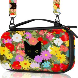 Carrying Case for Nintendo Switch Lite Travel Carry Cases Hard Shell Protective Cover Flowers Black Cat Cute Girls Boys Accessories Storage Protector Pouch Bag for Nintendo Switch Lite 2019