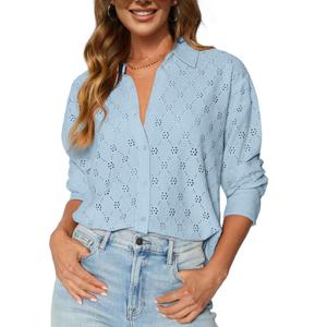 CiCiBird Womens Long Sleeve Button Down Shirts Dressy Casual Lace Blouse Embroidered Tops Spring Summer Fashion Clothes Blue S (S)