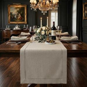 Signature Linen by D'Moksha Natural Table Runner 72 Inches Long, 100% Pure Linen, Hemstitch, 14 x 72 Inch Table Runner for Dresser, Dining- Spring, Summer