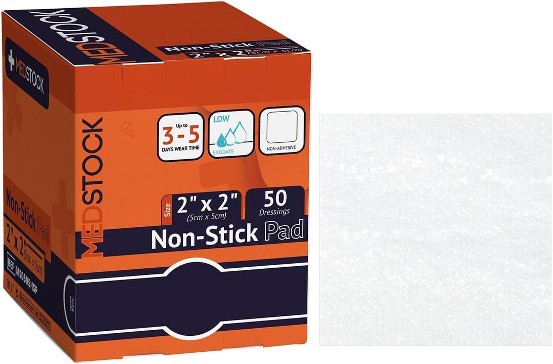 MEDSTOCK Non-Stick Pad, 2"x2" (Pack of 50), Gauze Pad Dressing, Non-Stick Wound Care, Surgical Grade, Fragile Tissue Protection, High Absorption, Porous Film Skin Contact Layer, Non Woven Fabric