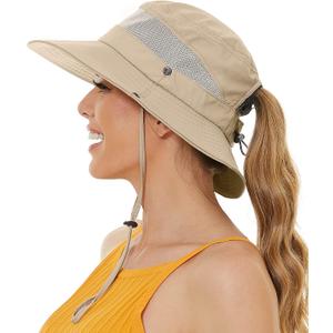Sun Bucket Beach Hats for Women with Ponytail Hole,Sun Protection UV UPF50+ Waterproof Fishing Safari Hiking Hat (One Size, Khaki)