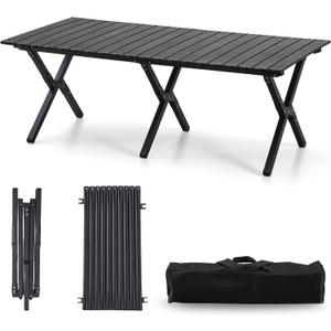 Roll-Up Camping Table Black Aluminum Low Folding Table for Outdoor Picnic BBQ Backyard Beach Easy Carrying in Bag-4FT
