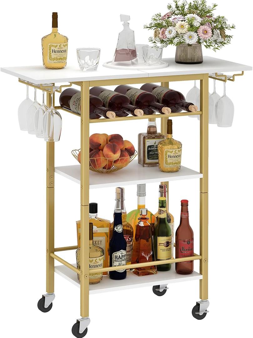 LAATOOREE Bar Cart, Home Bar Serving Cart, 4 Tier Mobile Drink Beverage Cart, Rolling Kitchen Shelf with Wine and Glass Holder, for Dinning Room, Living Room, Kitchen