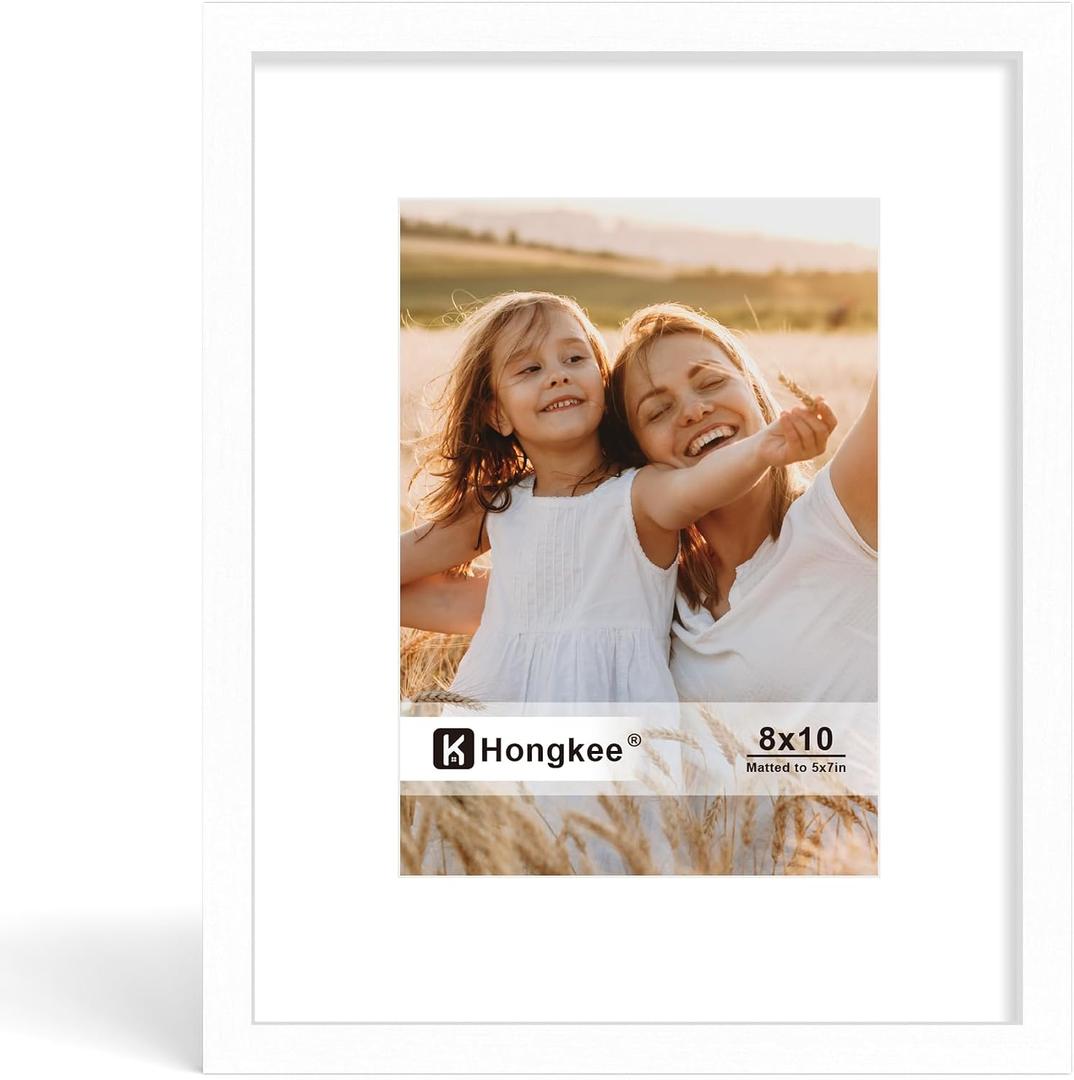 Hongkee 8x10 Picture Frame, Made of Solid Wood with Real Glass, Display Pictures 5x7 with Mat or 8 x 10 without Mat - Wall and Tabletop (White, 1 Pack)