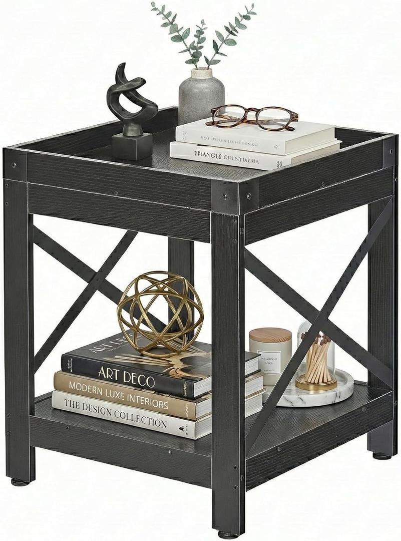 Farmhouse Square Side Table,2-Tier End Table with Storage Shelf, 17.7"L x 17.7"W x 21.7"H