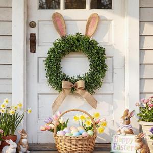 Suncalla 19 inch Easter Bunny Wreath for Front Door Artificial Bunny Wreath with Bow Faux Boxwood Bush Plants Rabbit Spring Door Wreaths for Home Indoor Outdoor Window Wall Party Decor