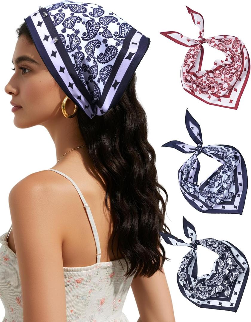 AWAYTR Women Triangle Head Scarf 3Pcs Tie Back Hair Bandanas for Women with Metal Studs - Head Coverings Cute Headscarf (Paisley - Black + Blue + Red)