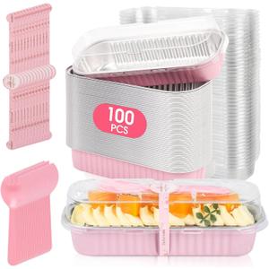 100 Pack Mini Cake Pans with Lids and Spoons, Disposable Aluminum Foil Cake Tins6.8oz Individual Small Cake Baking Containers for Party, Wedding, Birthday