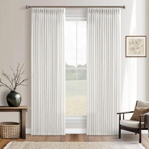 Beige White Pinch Pleated 96 Inch Curtains 2 Panel Set for Living Dining Room Neutral Thick Linen Semi Sheer Ceiling Track Curtain Light Filtering Privacy Bedroom Drapes Window Treatment W50xL96