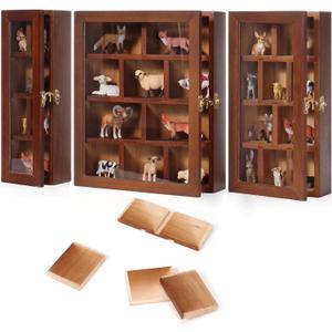 Set of 3 Wooden Trinket Display Shelf Shadow Box with Shelves 10 x 15 Inch Large Wall Mounted Display Storage Mini Figures Curio Trinket Medals Crafts Collections(Brown, Box Shape)