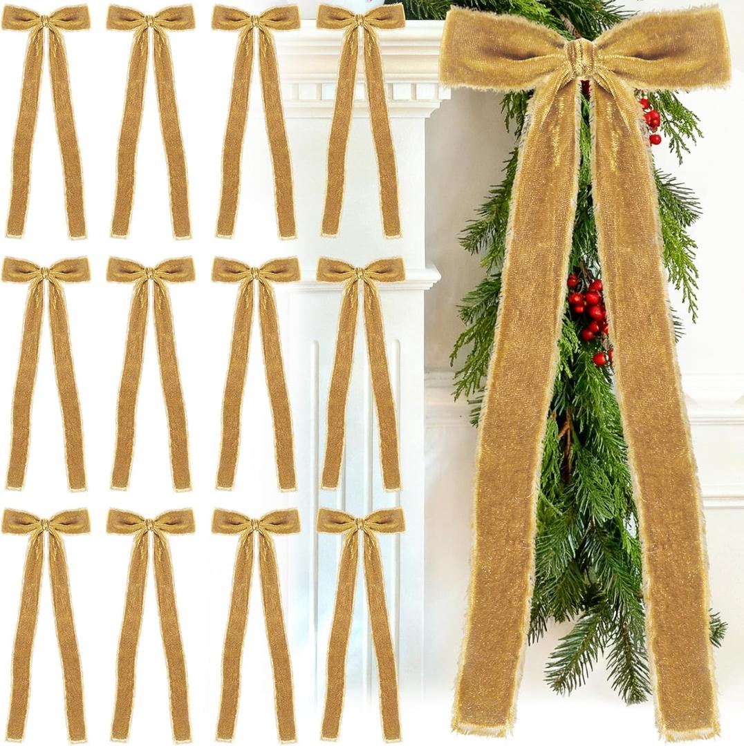 20 Pcs Khaki Large Velvet Christmas Bows 4.7" x 11" Big Pre Tied Handmade Fringe Velvet Ribbon Bows 1" Wide Rustic Crafts Gift-Bows with Twist Tie for Gift Wrapping Christmas Decor