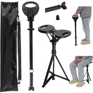 Folding Cane with Seat,Walking Stick with Seat Capacity 550lbs,Lightweight Retractable Cane Stool for Seniors & Adults,Adjustable Cane Chair with Cushion and Carry Bag (Black)