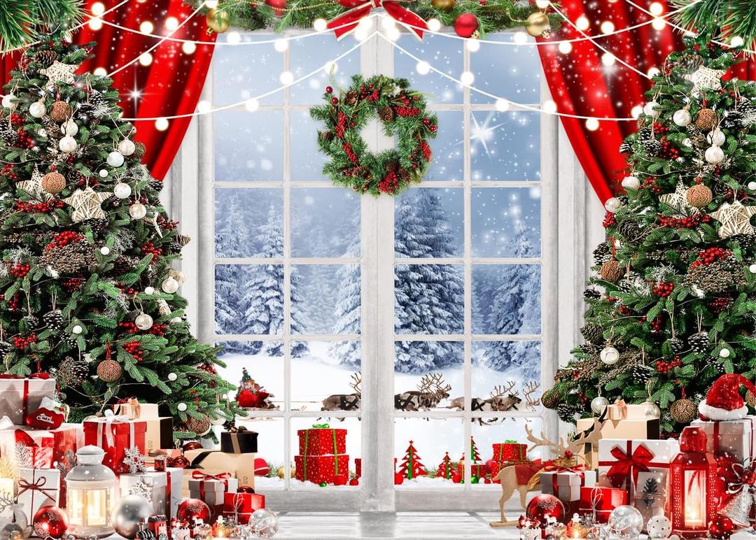 LYCGS 8X6ft Christmas Backdrop Winter Snow Scene Backdrop for Photography Christmas Window Background Xmas Tree & Party Decoration Banner X-171