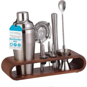 BIRDROCK HOME 10 Piece Professional Bartender Cocktail Mixing Set with Acacia Wood Stand | Stainless Steel Bar Tools for Home | Gift for Him | Includes Shaker, Muddler, Strainers, Jigger, and Spoon