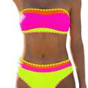 Sexybody Women's Bandeau Bikini Strapless Bikini Neon Color Block Two Piece Whip Stitch Trim Bathing Suits (Large, 193 Hot Pink+ Neon Yellow)