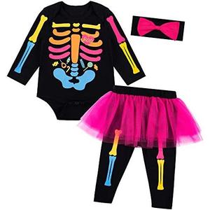 Baby Girls Newborn Skeleton Halloween Costume Outfit Funny Long Sleeve Skull Tulle Skirt Romper Set,12-18M