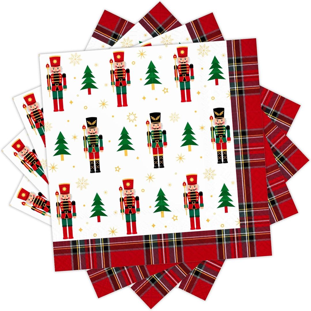 DYLIVeS Christmas Party Napkins, Christmas Tree Nutcrackers Tartan Plaid Disposable Decorative Paper Napkins, Xmas Party Supplies for Luncheon Birthday Cocktail Holiday Christmas Decor, 50 Pcs, 3 -ply
