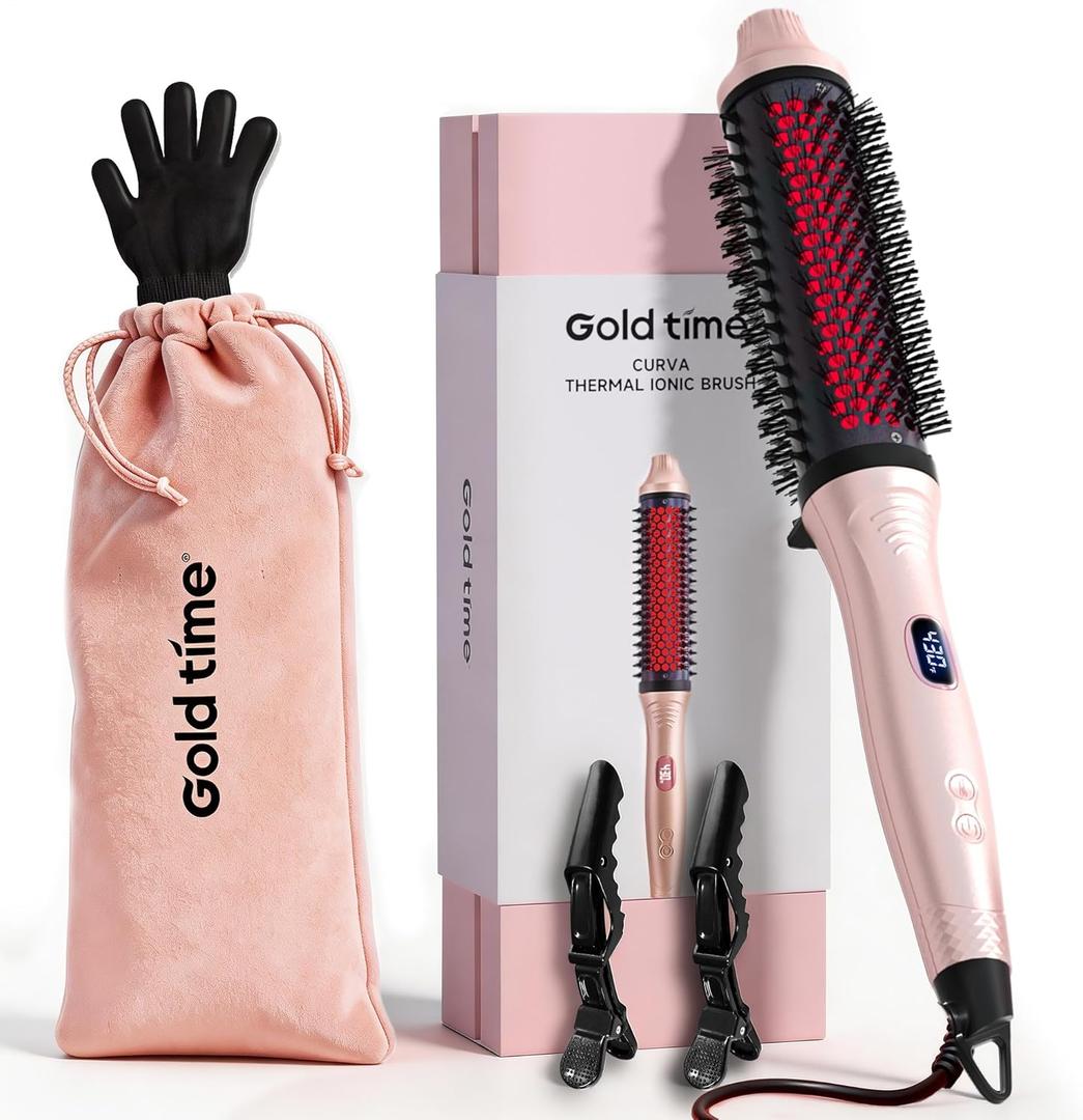 Infrared Thermal Brush 2-in-1 Curling Straightening Round Brush 1.5 Inch Heated Round Brush 6 Heat Settings Dual Voltage Styler Sleek Shiny Results Salon Styler Women Gifts Pink